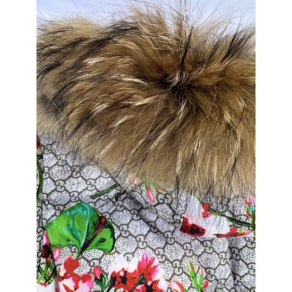 Girls Down Puffer Jacket Brown Floral Removable Hood Fur Trim Sz 8 - Picture 8 of 16